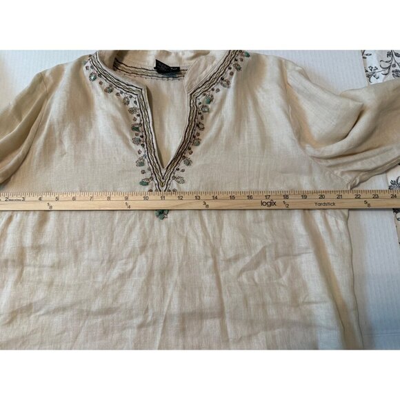 RAFAELLA Beige Embroidered Beaded Blouse100% Linen V-Neck Tiny Flaw Size 14 - Picture 12 of 16